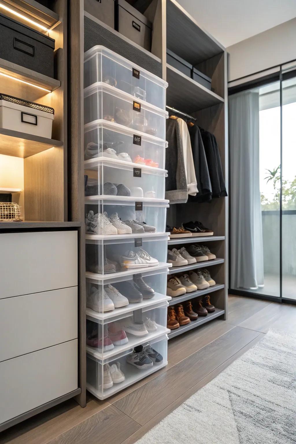 Clear bins offer a clean and organized look for shoe storage.