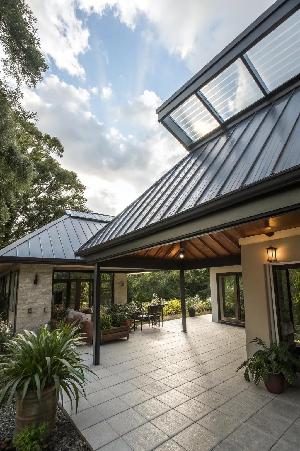 A metal roof with a skylight floods this patio with natural light, creating an airy atmosphere.