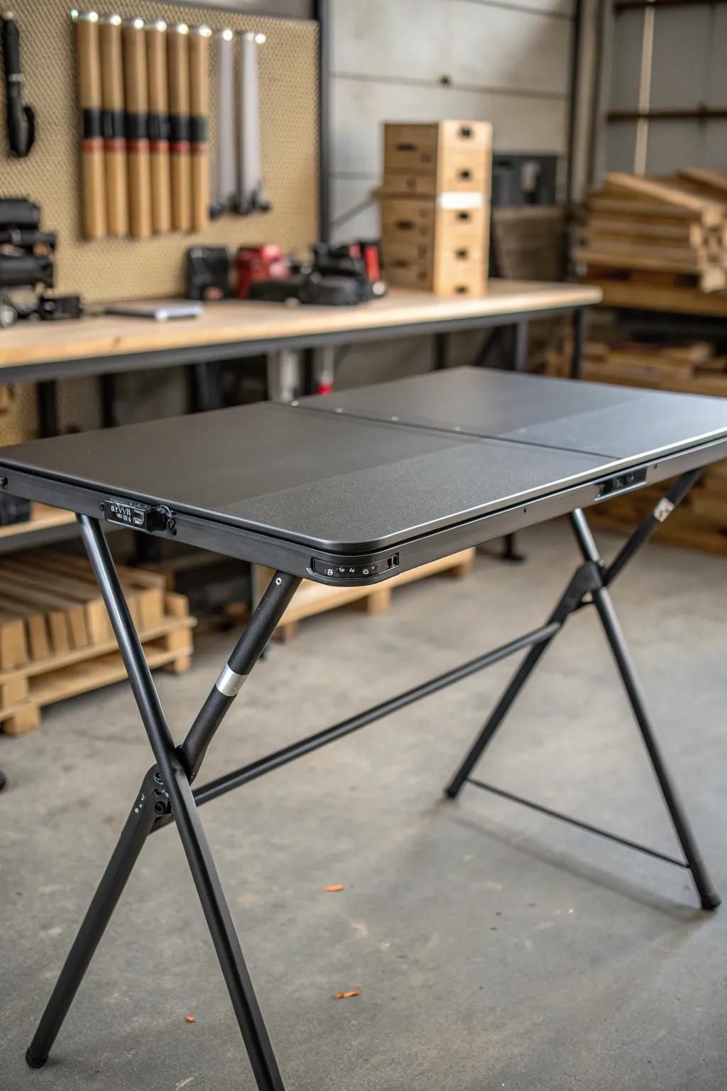 Maximize your workspace with this stylish foldable metal table—perfect for small workshops.