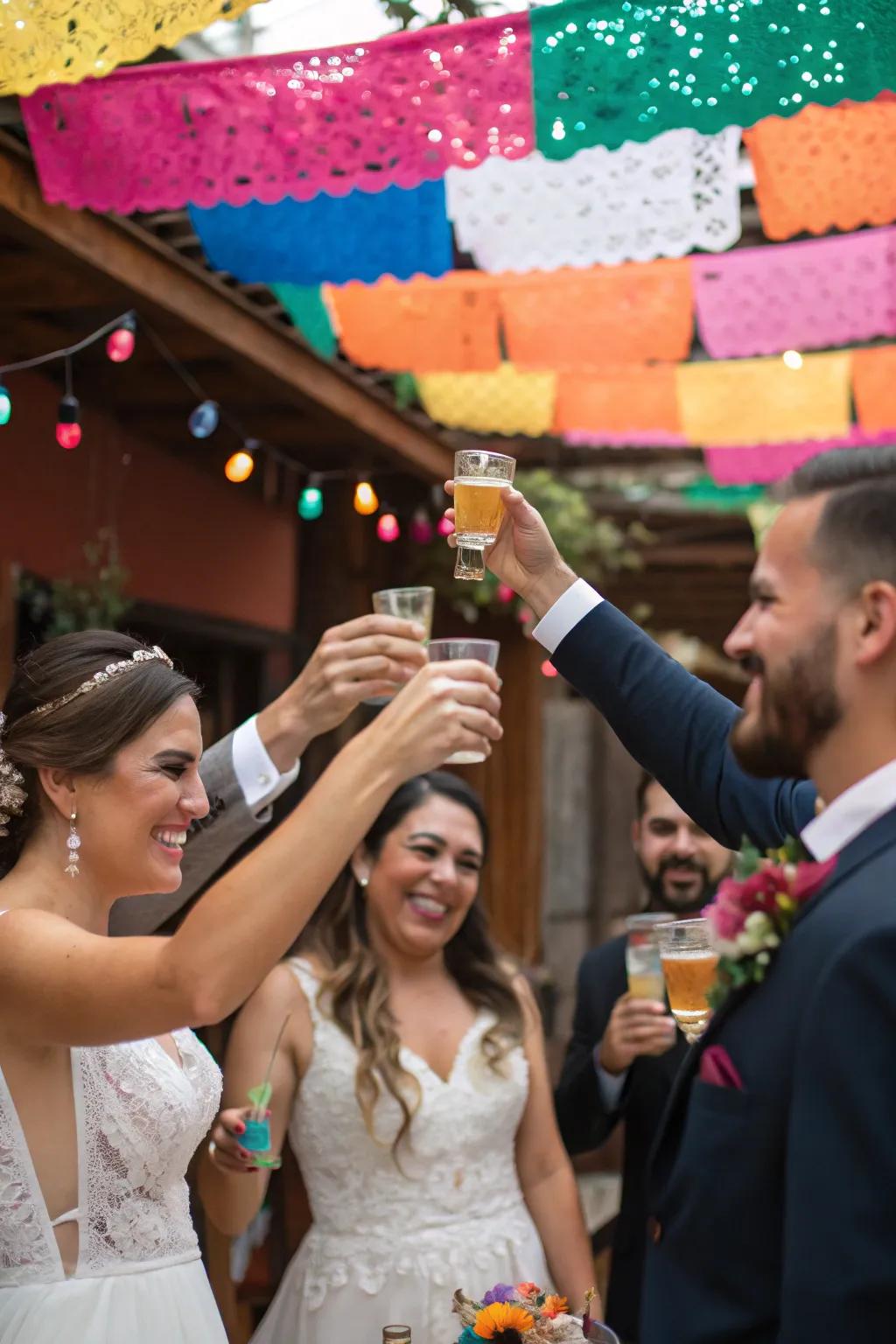 Guests raising tequila shots to toast the happy couple in true Mexican style.