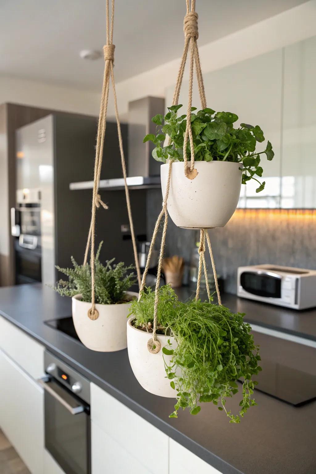 Space-saving and stylish: Hanging planters for your microgreens.