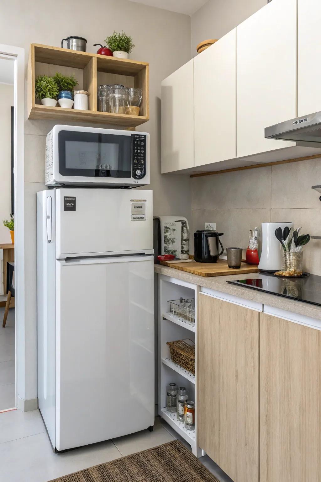 Placing the microwave on the fridge saves space, ideal for compact kitchens.