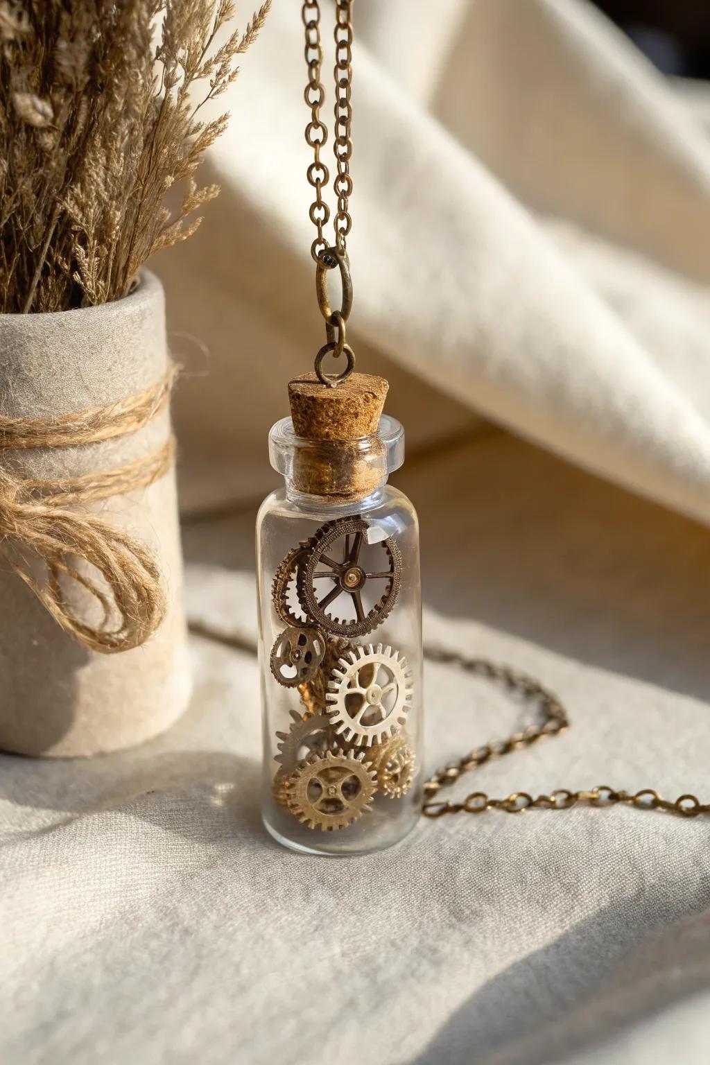 Unlock time's secrets with this enchanting steampunk bottle charm.