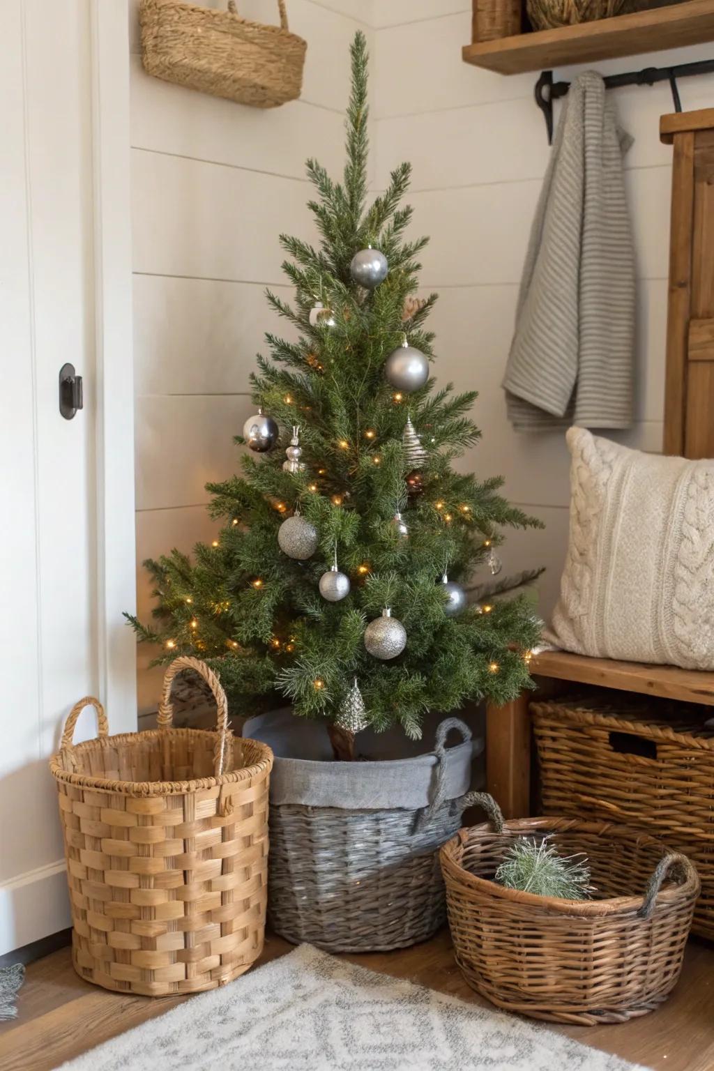 A farmhouse chic mini Christmas tree with galvanized accents.