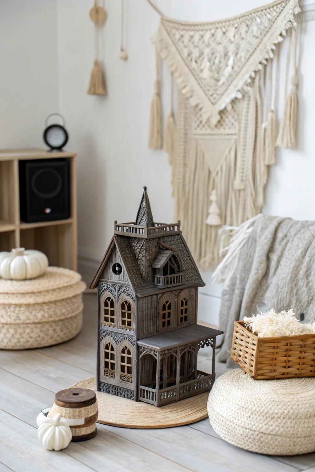Immerse yourself in the spooky charm of a miniature haunted house, where craftsmanship meets eerie elegance.
