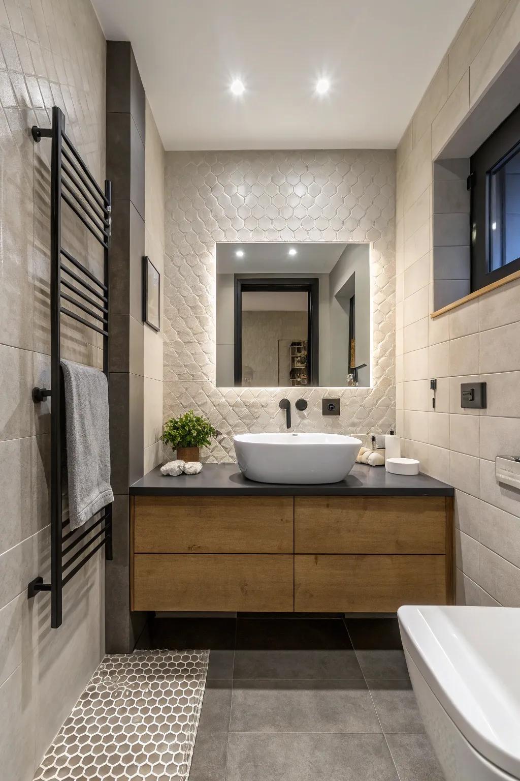 A minimalist bathroom with rich textural contrast.