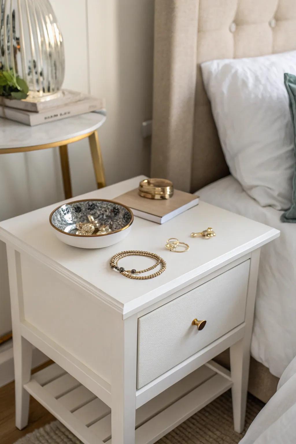 A jewelry dish keeps essentials organized and stylish.