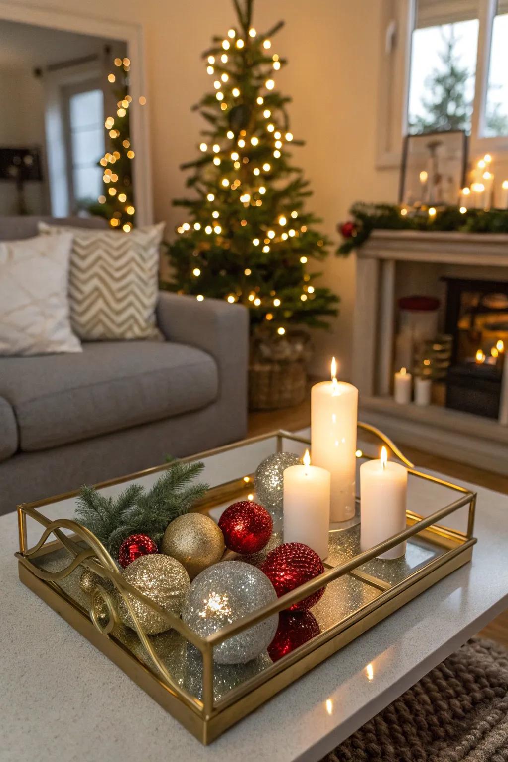 A mirror tray adds sparkle to your holiday decor.