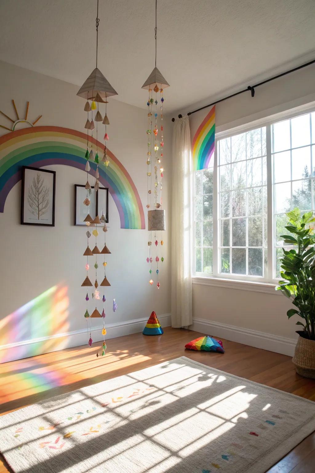 A glass prism mobile filling the room with dancing rainbows.