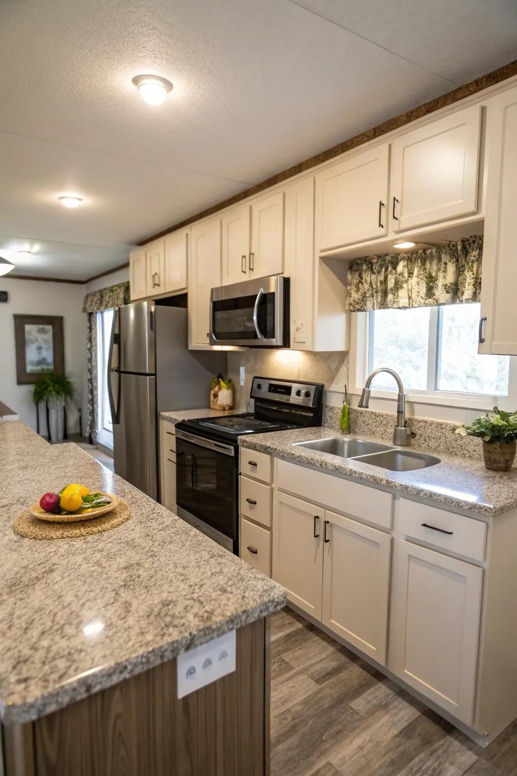 A mobile home kitchen featuring elegant granite countertops.