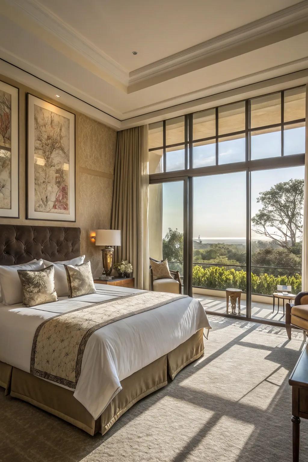 Floor-to-ceiling windows create a breathtaking backdrop for the bed.