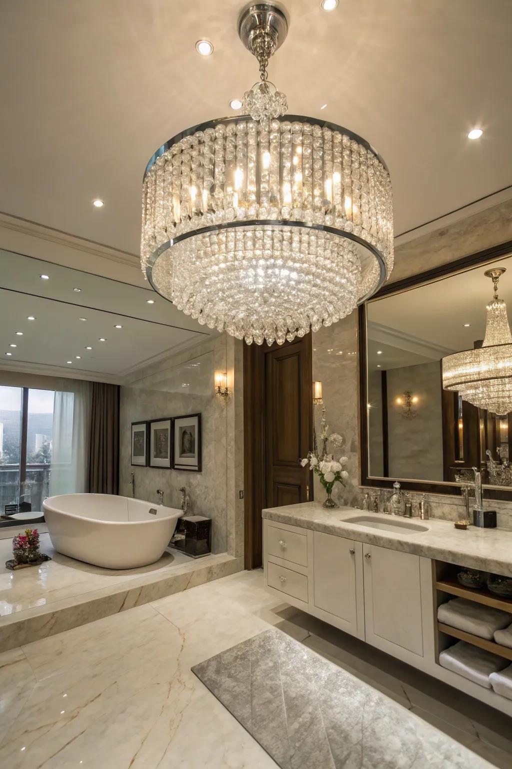 Contemporary crystal chandeliers add glam to modern bathrooms.