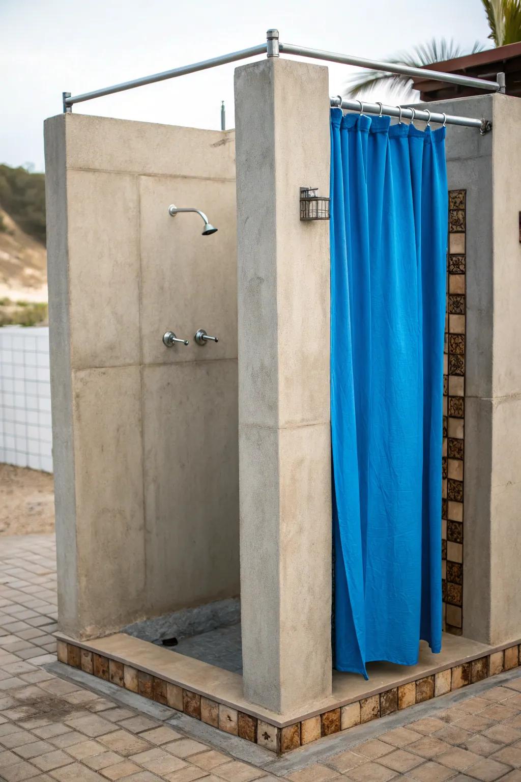 A concrete shower enhanced by a vibrant blue curtain for a striking contrast.