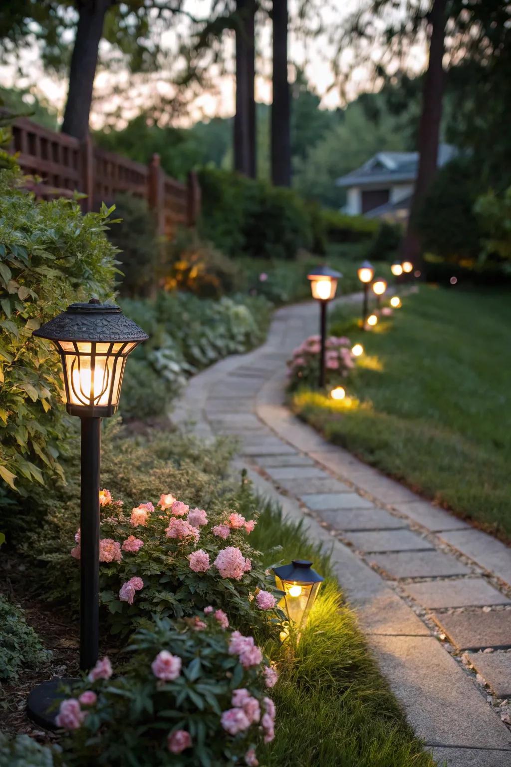 Solar-powered path lights illuminate the garden pathway with eco-friendly charm.