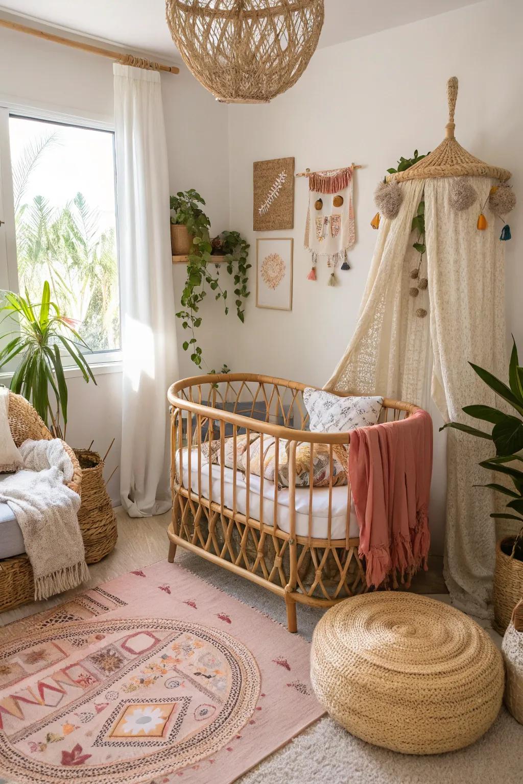 Rattan elements adding a natural, bohemian vibe to the bedroom.