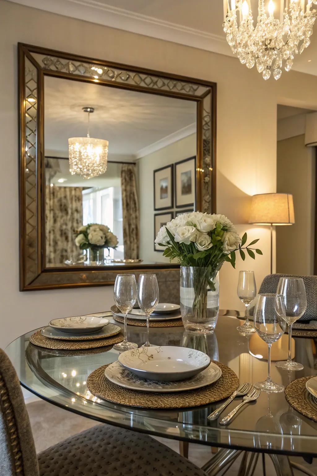 A mirror enhances space and light in a dining room with a glass table.