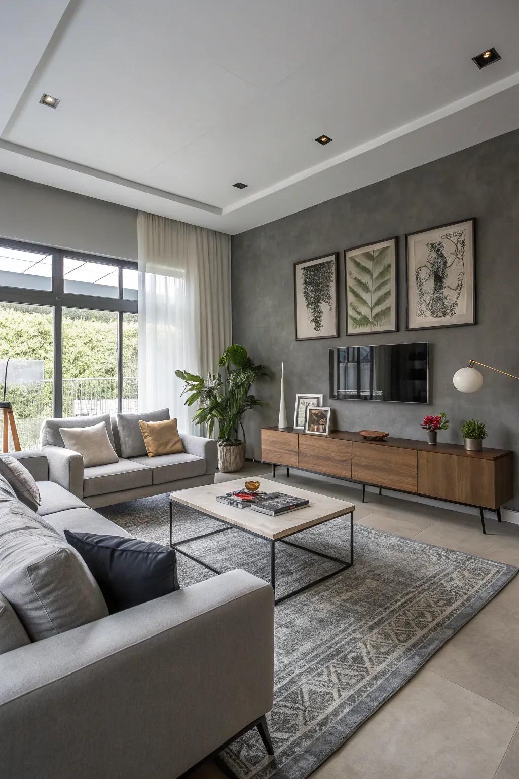 Cool gray tones provide a modern elegance to this living room.