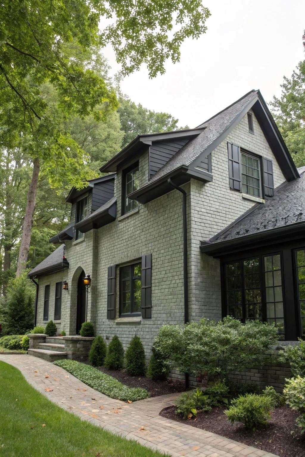 A house featuring a grey brick exterior and black trim, harmoniously blending with the greenery.