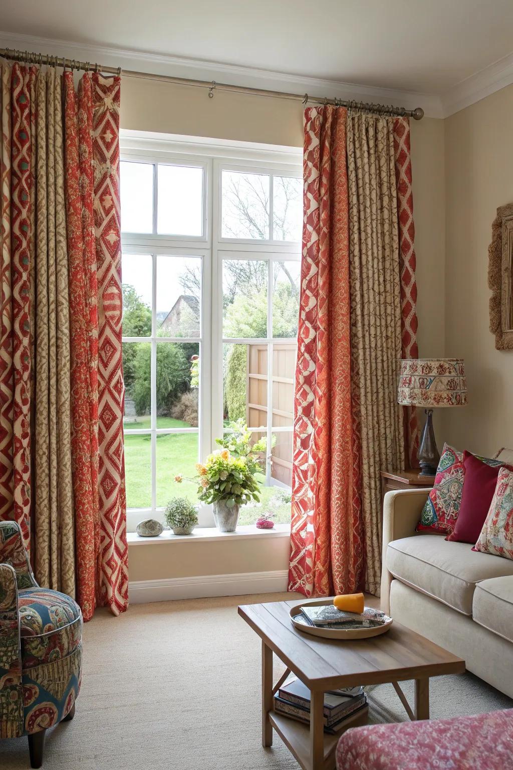 Bold curtains in patterns or rich colors transform the mood of the living room.