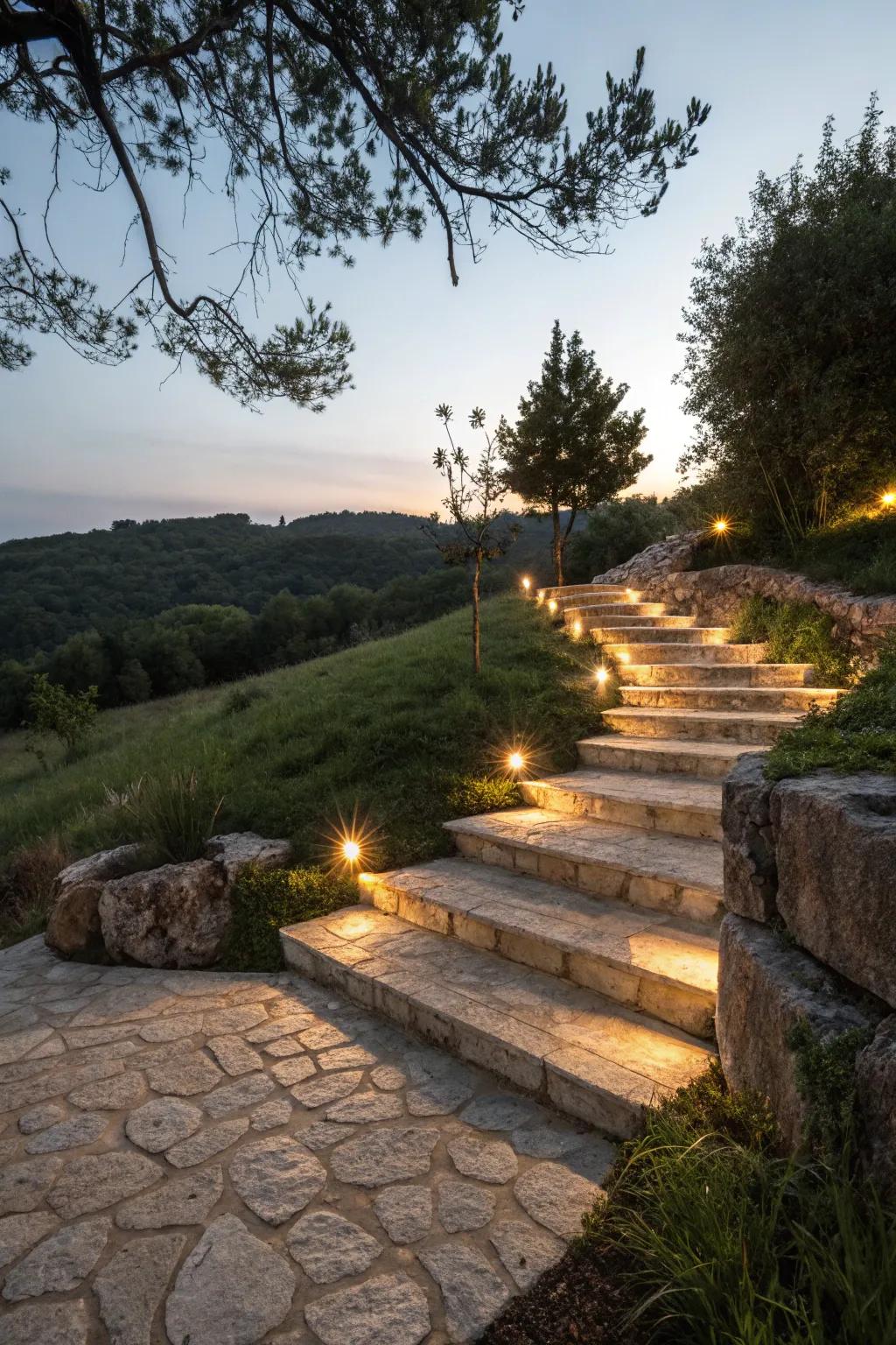 Stone-embedded lights providing a rustic and natural lighting solution for outdoor steps.