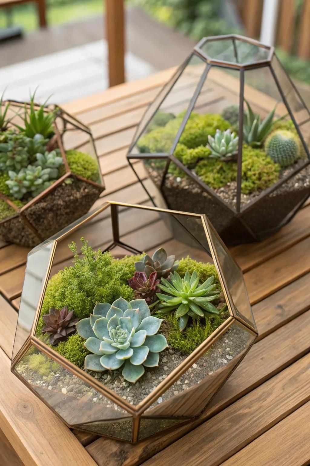 Glass terrariums offer a glimpse into a miniature world.