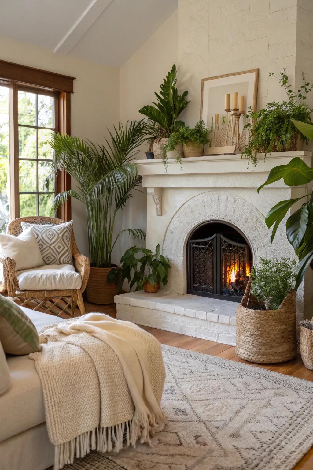 Natural accents around a plaster fireplace create a warm and inviting atmosphere.