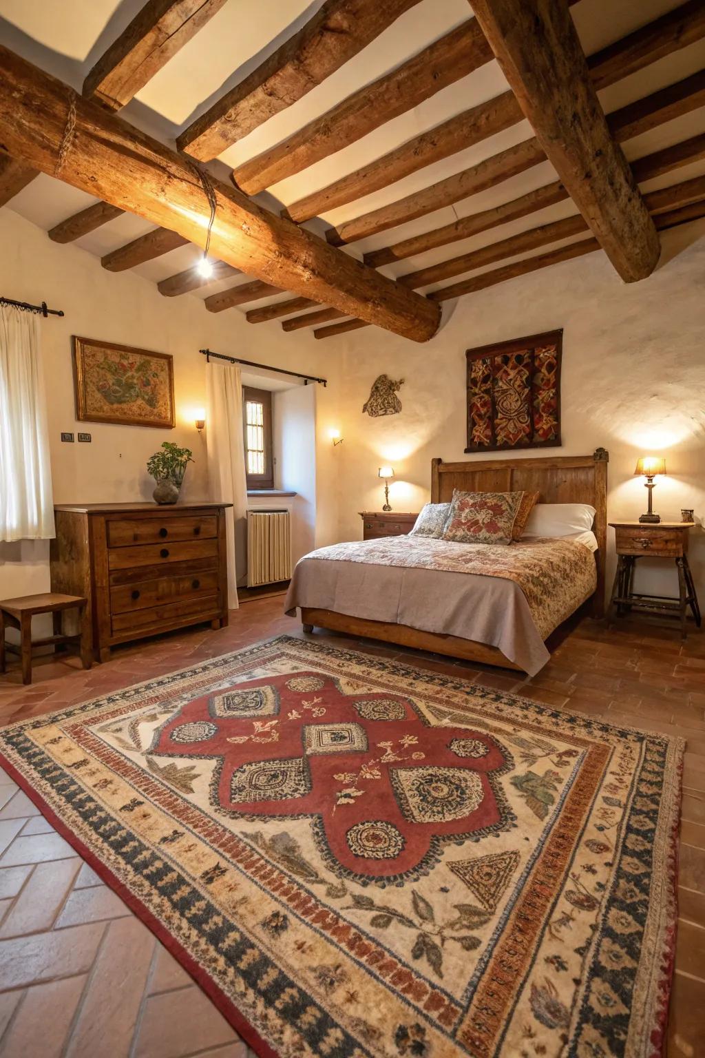 Vintage rugs in earthy tones add warmth and character to the bedroom.