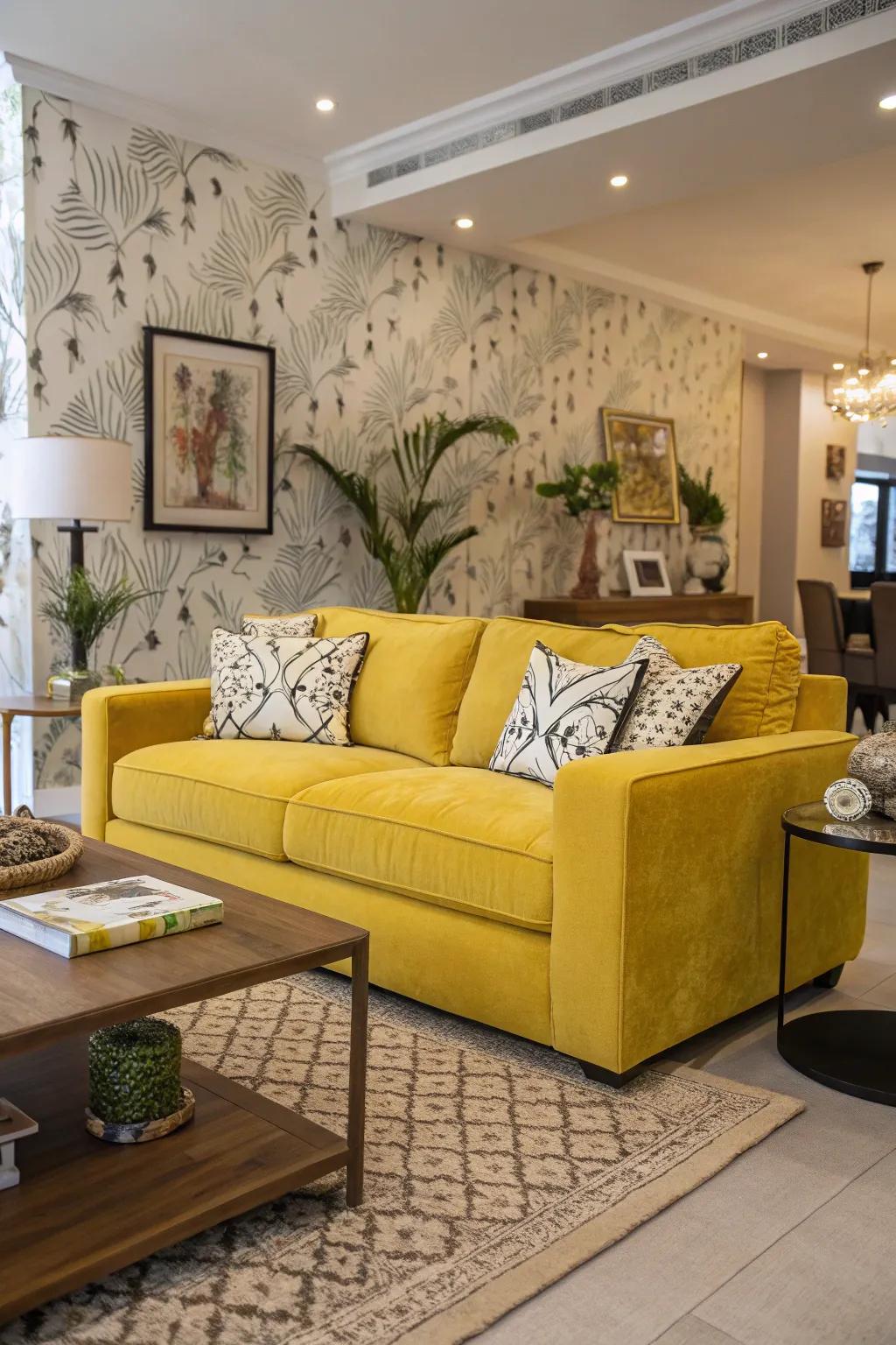 High-contrast wallpaper paired with a yellow couch creates a dramatic and artistic living room.