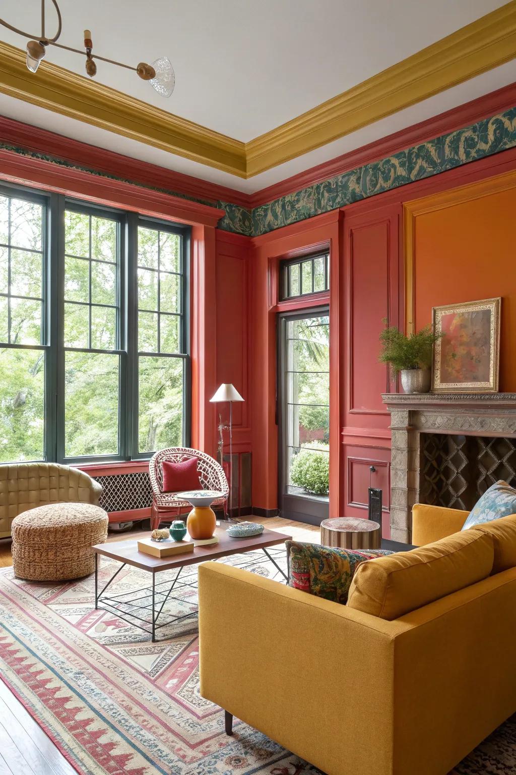 Bold colored moldings create striking contrasts.