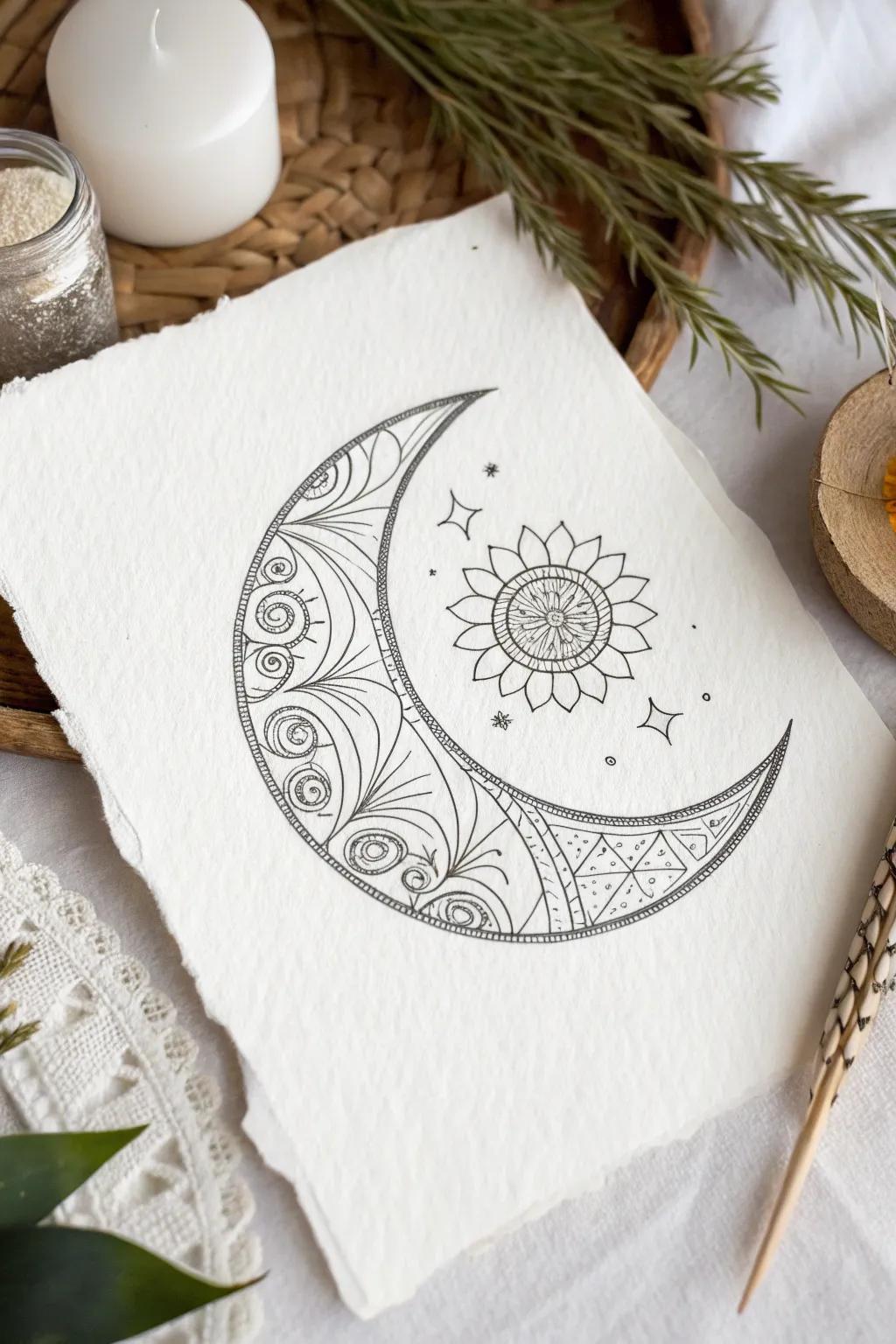 Transform simplicity into art with this intricately patterned moon drawing.