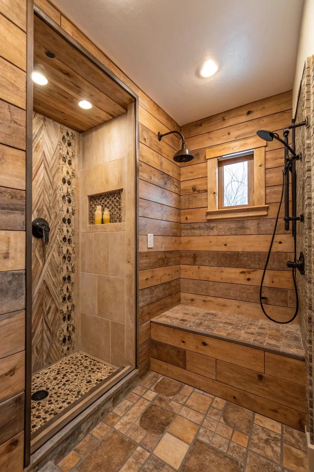 Wood-look mosaics add a cozy, rustic vibe to this shower.