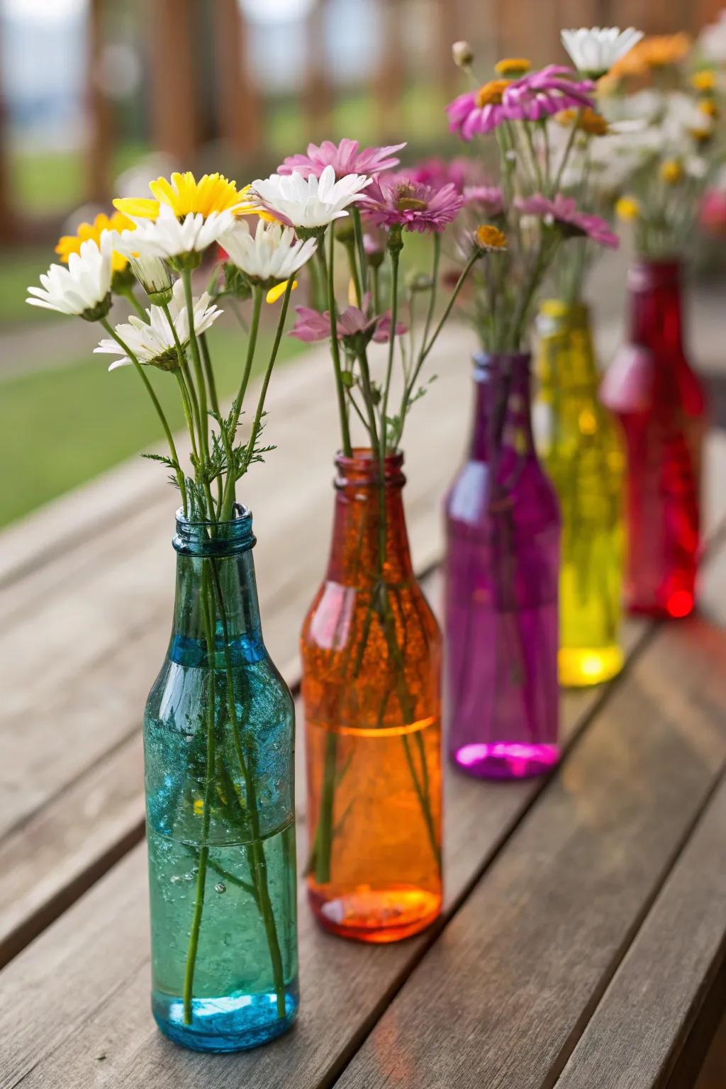 Playful colorful glass bottles create an eclectic centerpiece for Mother's Day.