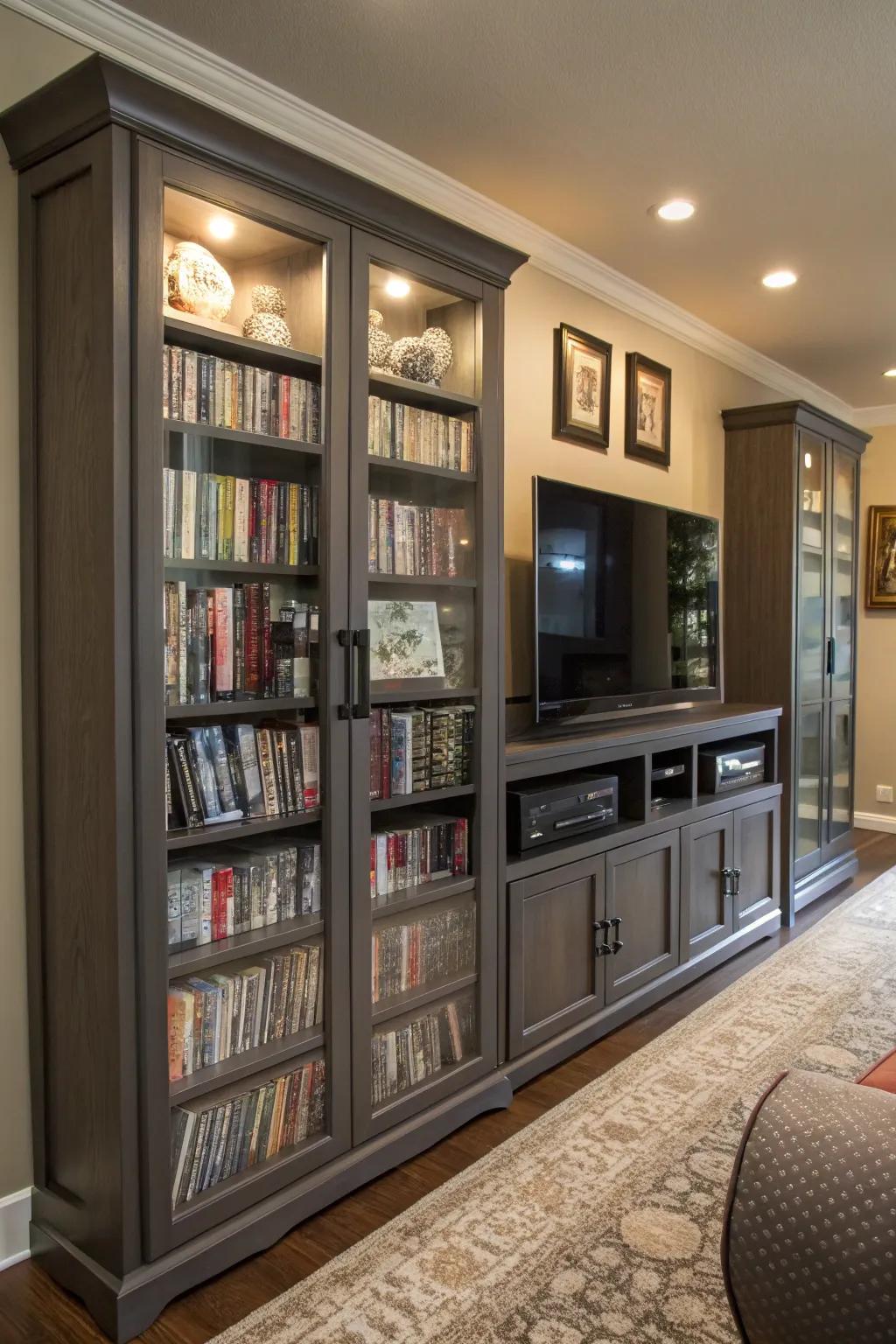 Custom built-in cabinetry providing a tailored solution for DVD storage.