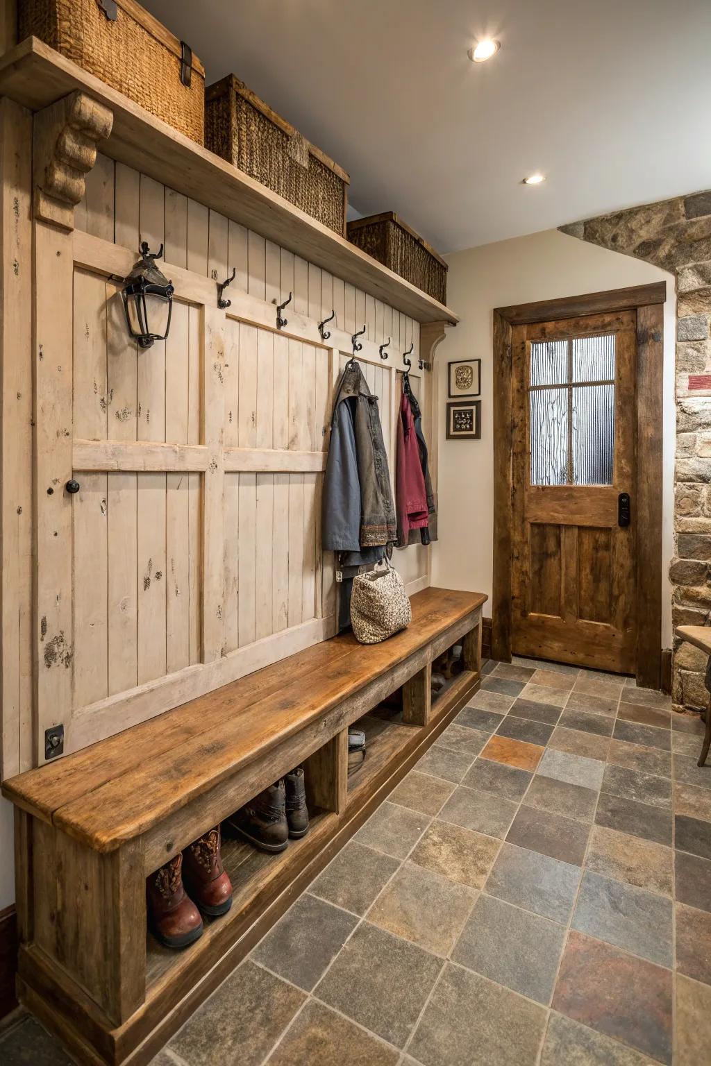 Rustic wood benches add warmth and character to mudrooms.