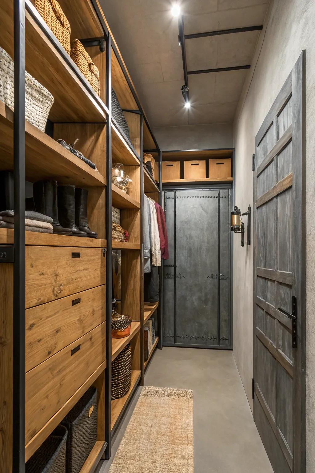 Mixed materials add texture and interest to narrow closets.