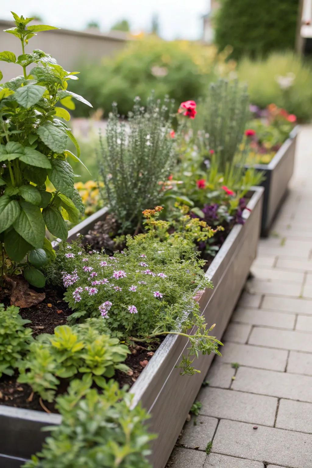 Vertical planters maximize space by growing plants upwards in narrow beds.