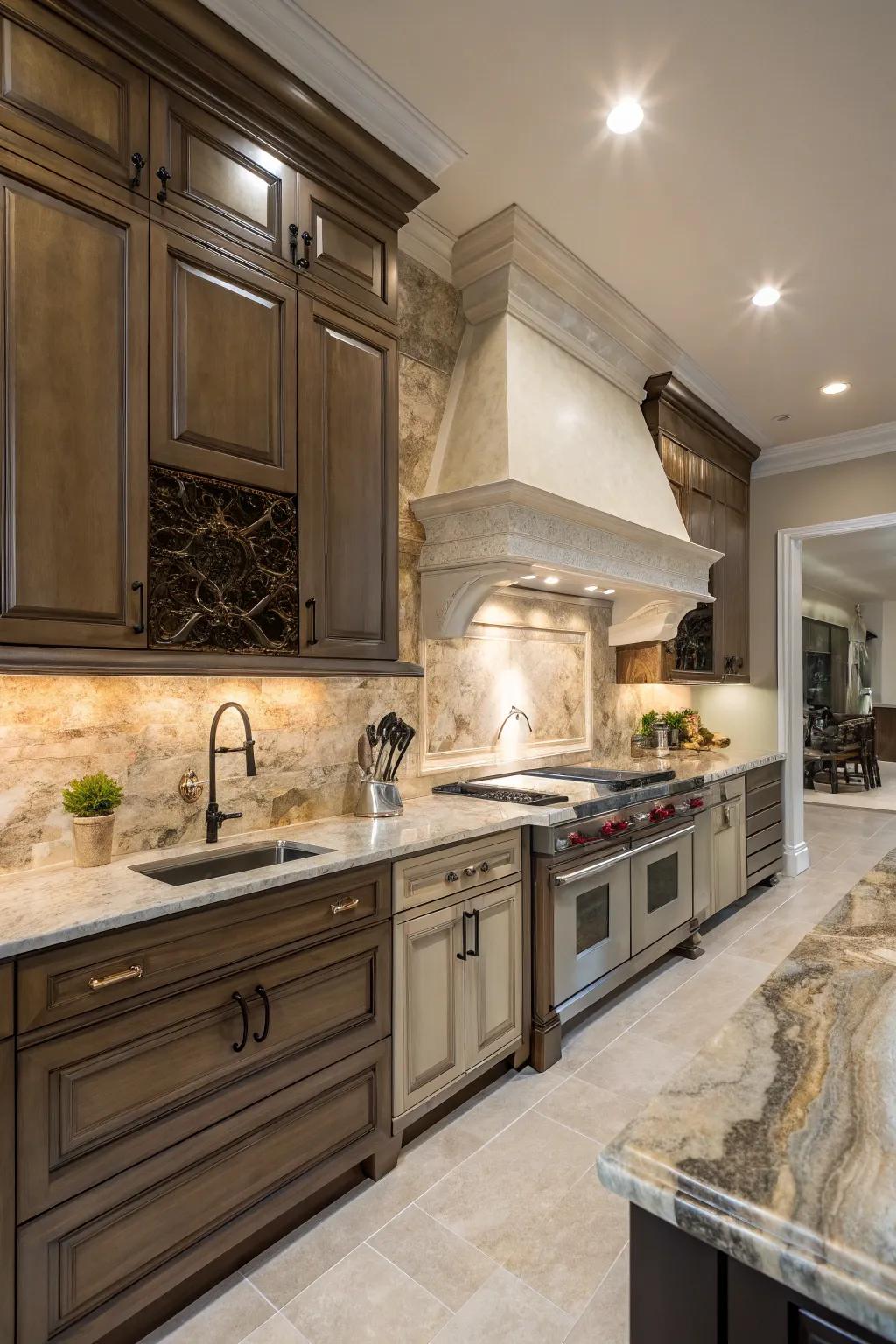 Luxurious kitchen featuring a stunning quartzite backsplash.