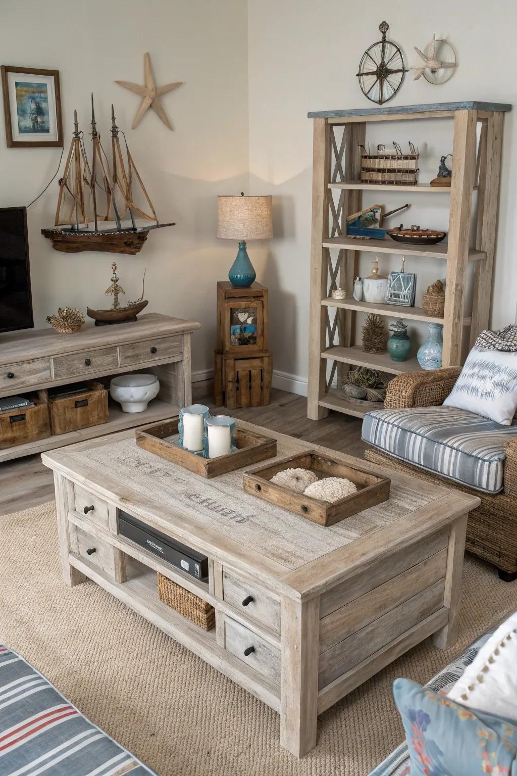 Weathered wood furniture adds rustic charm to a nautical-themed living room.