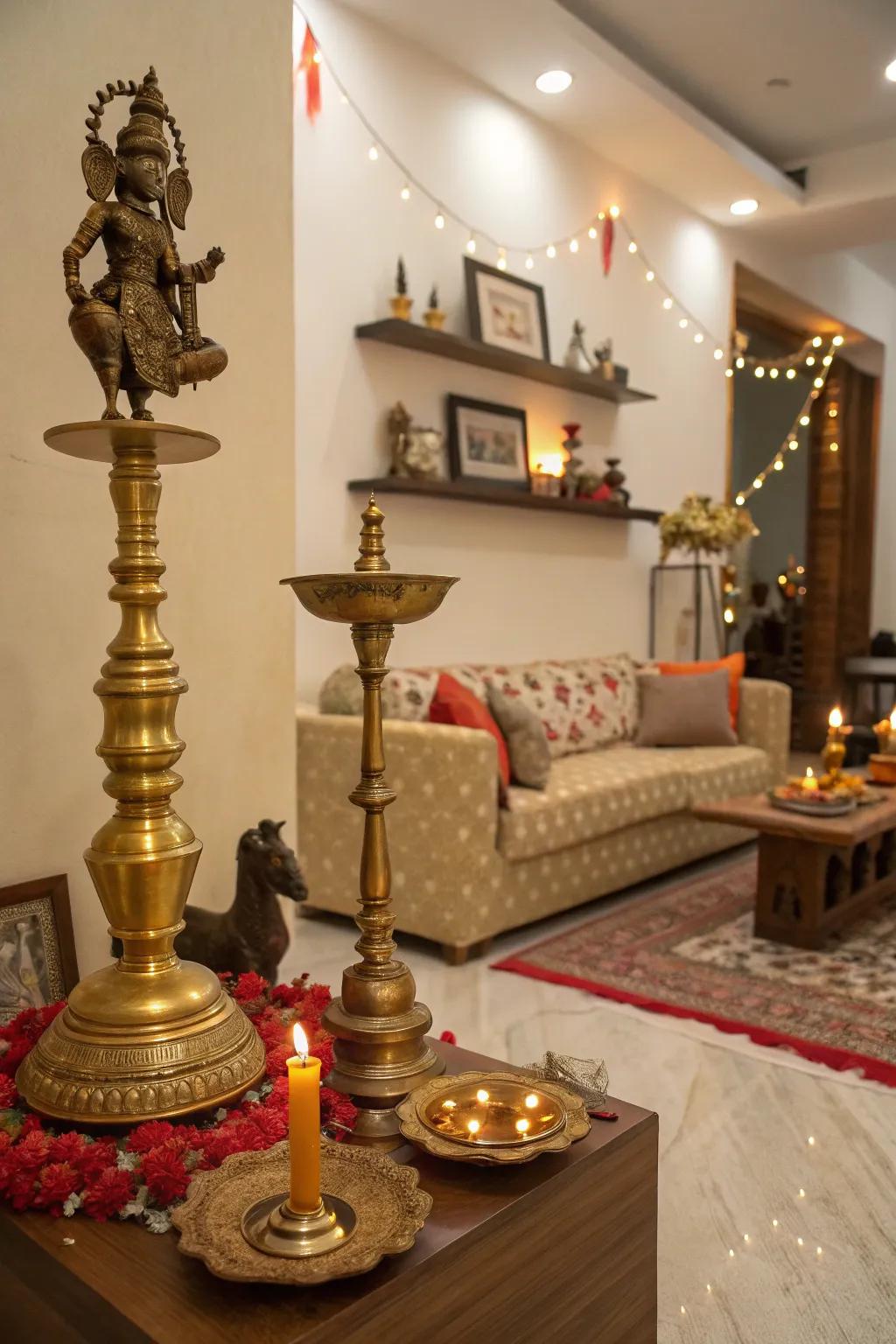 A living room featuring traditional brass lamps and sculptures for Navratri.