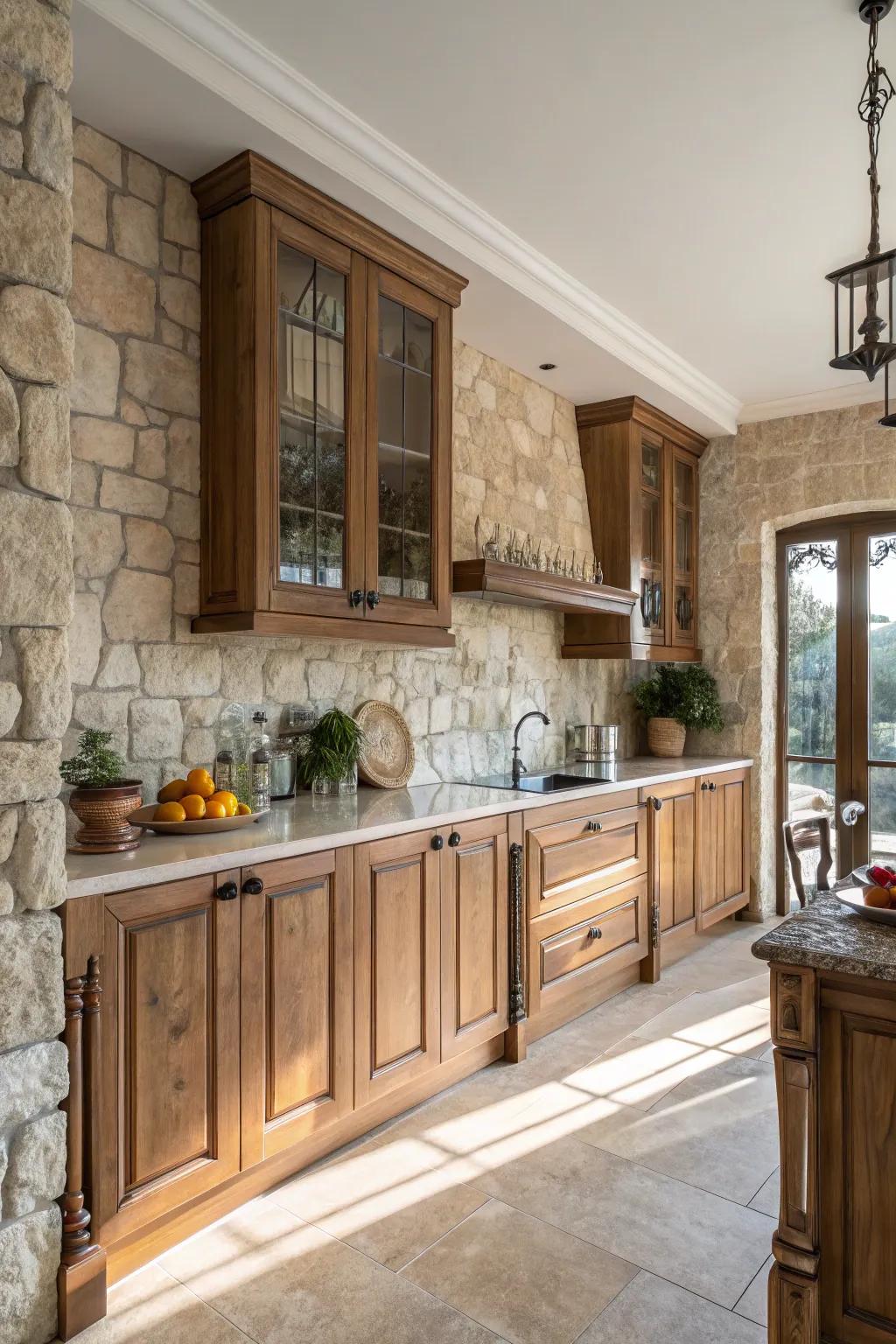 Natural materials complement the neutral tones in the kitchen.