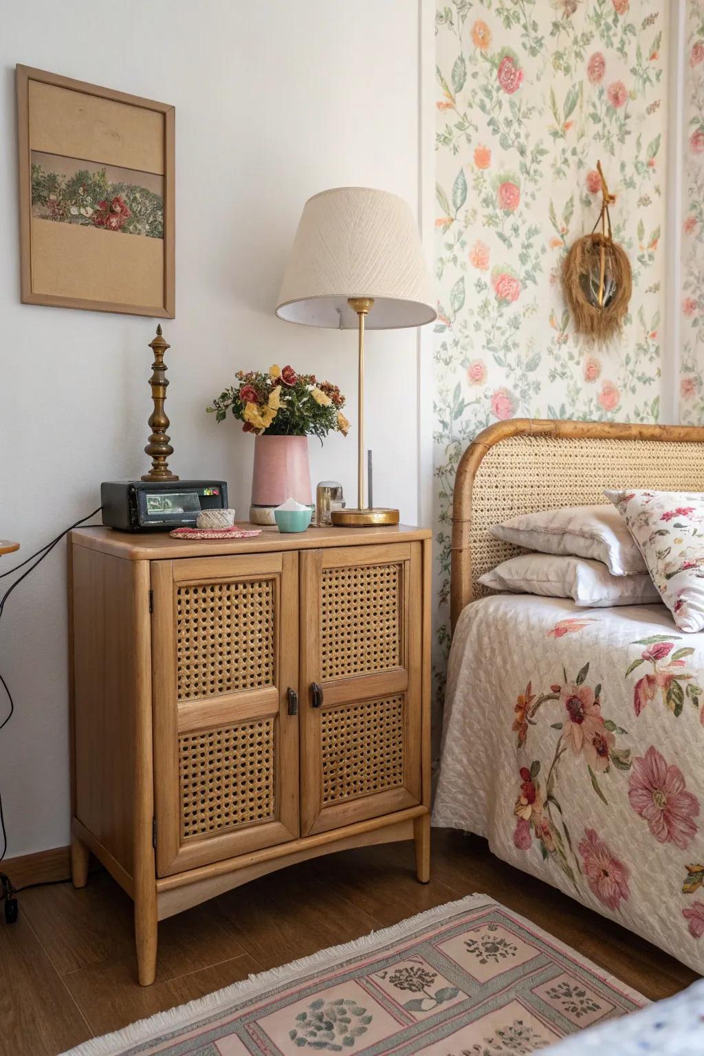 A cane cabinet repurposed as a nightstand, adding retro charm to the bedroom.