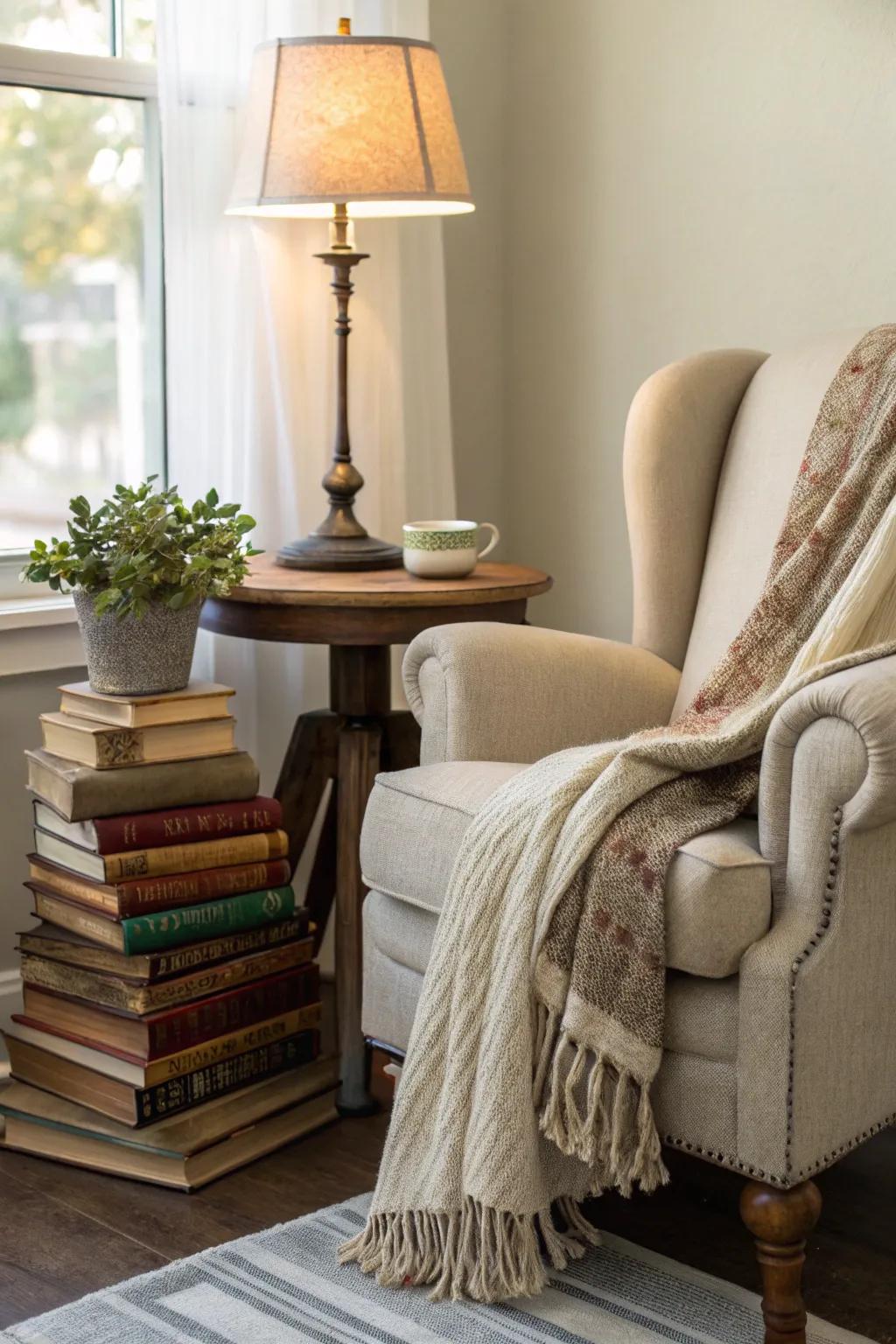 Carve out a cozy reading nook with vintage books and soft textiles for the perfect November retreat.