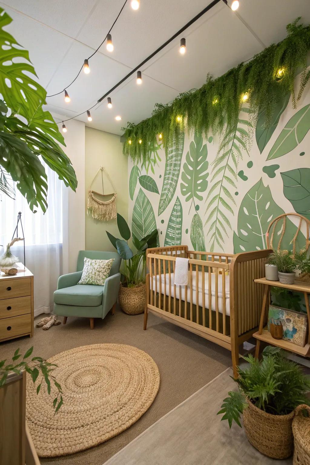 A lively nursery with a leafy mural accent wall bringing nature indoors.