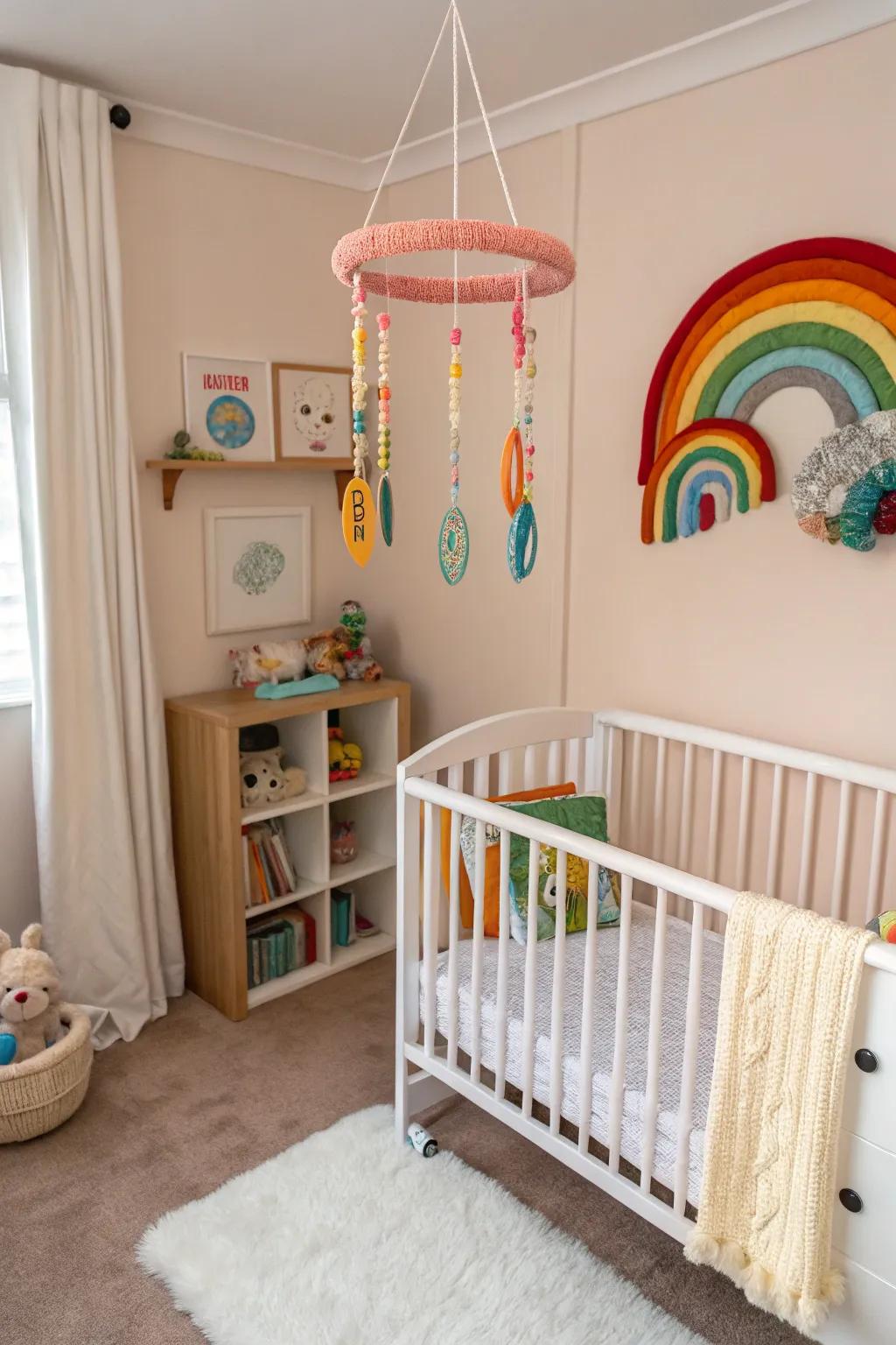 A vibrant mobile that enchants and entertains in this nursery corner.