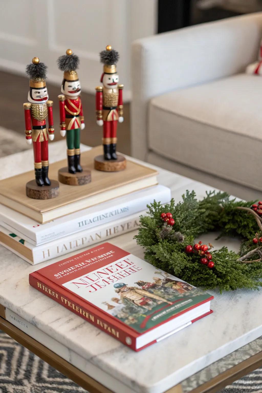 Nutcrackers on the coffee table add a touch of festive charm.