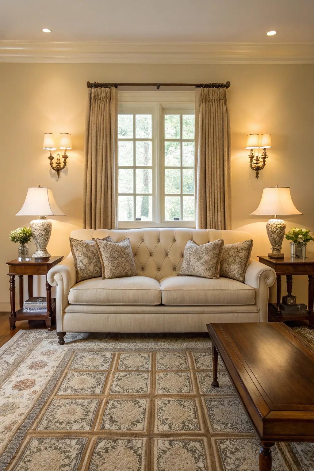 Symmetry adds balance and harmony with matching lamps beside an oatmeal sofa.