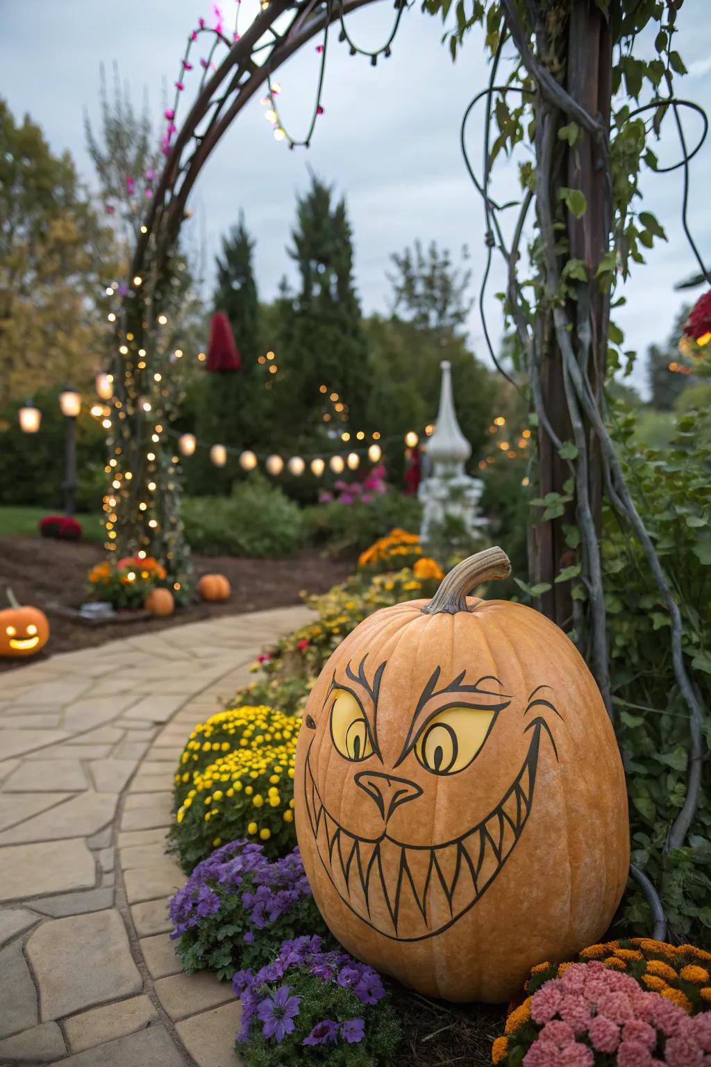 The Cheshire Cat's grin captured on a pumpkin, adding a touch of whimsy to your decor.