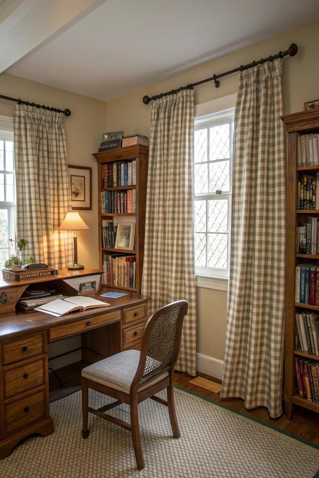 Gingham patterned curtains add classic charm to the office.