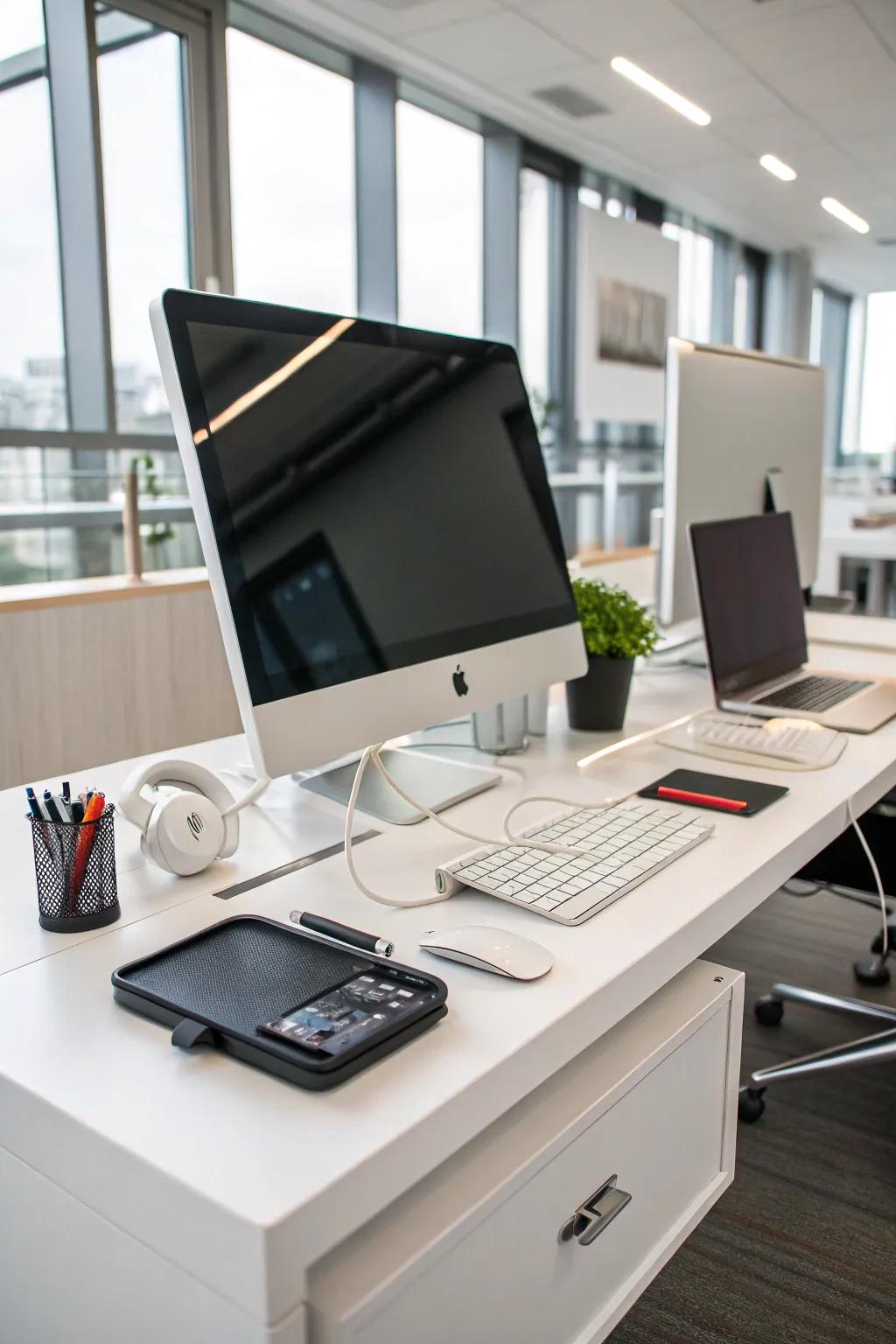 Seamless tech integration keeps your office functional and clutter-free.