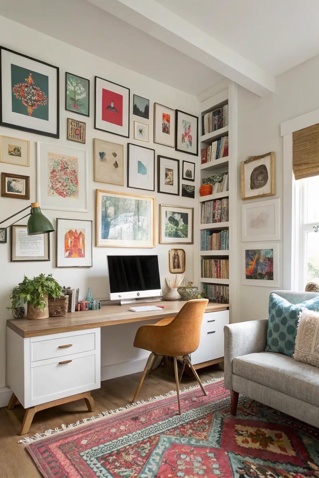 A gallery wall adds visual interest and personal touch.